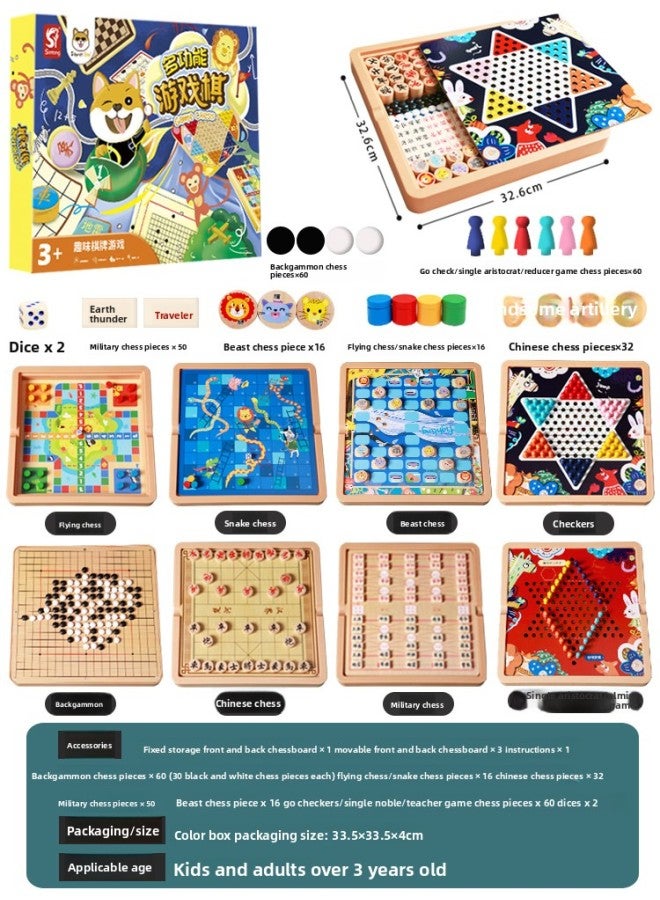 All-in-One Checkers Flying Chess Gobang Colosseum Chess Game Chess Children Student Educational Wooden Toys